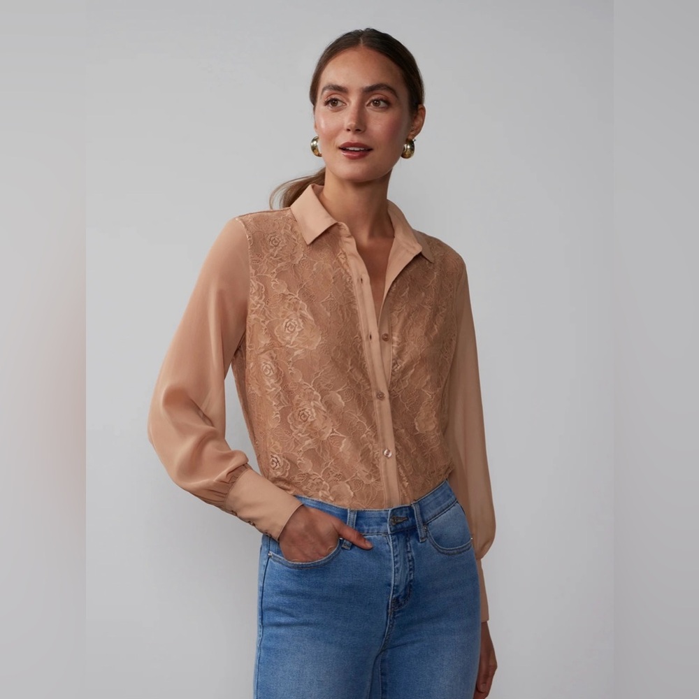 New York & Company Sheer Lace Button-Up Blouse – Neutral Nude Beige ✨